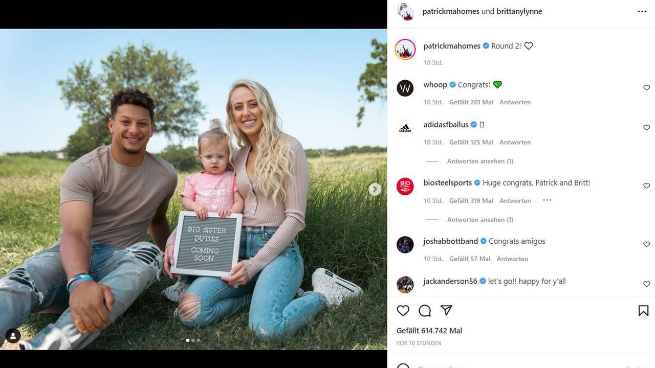 Patrick Mahomes und Ehefrau Brittany teilen frohe Kunde bei Instagram - Bildquelle: Screenshot: Instagram: @patrickmahomes