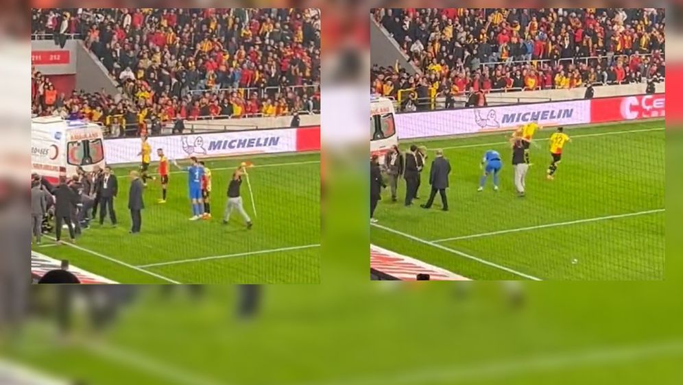 Altay-Keeper Ozan Evrim Özenc wurde mit voller Wucht von hinten getroffen - Bildquelle: twitter.com/sportbible/