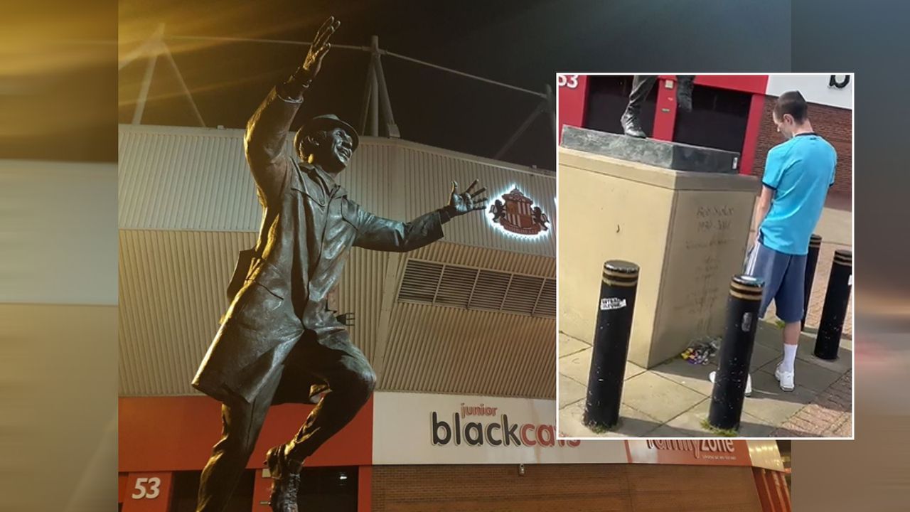 Newcastle-Fan pinkelt auf Statue von Sunderland-Legende Bob Stokoe - Bildquelle: twitter@peakybannsiders/twitter@northumbriapol