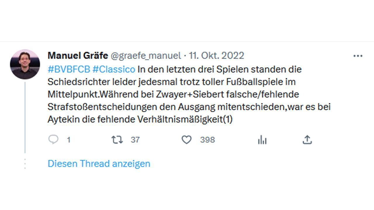 Kritik an Aytekin, Zwayer und Siebert mit dem zweiten Tweet - Bildquelle: twitter.com/graefe_manuel